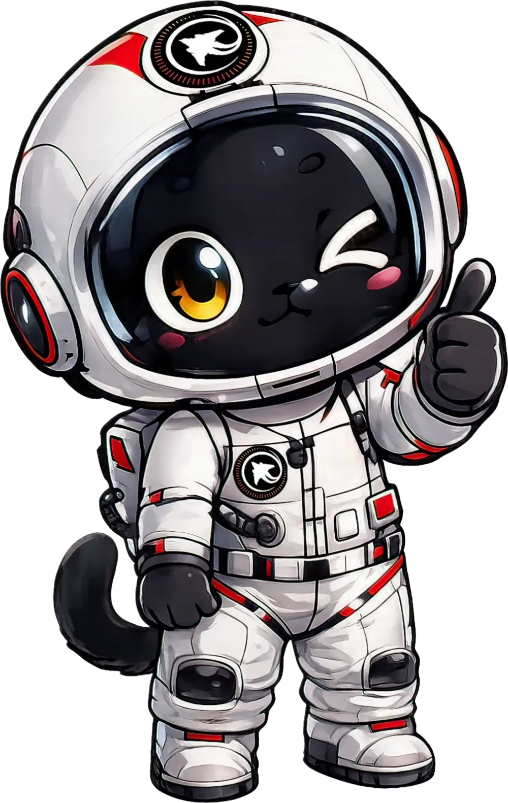 La mascotte de Beacon Mag : un chat noir en combinaison d'astronaute qui lève le pouce
