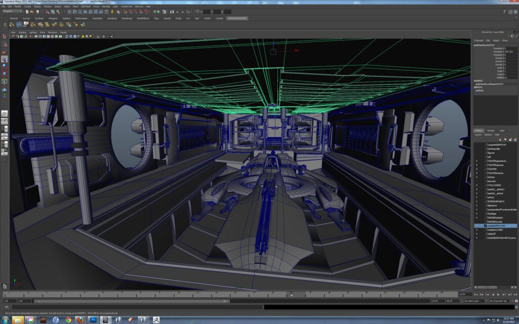 L’intérieur d’un vaisseau en cours de construction, en fil de fer dans un logiciel 3D