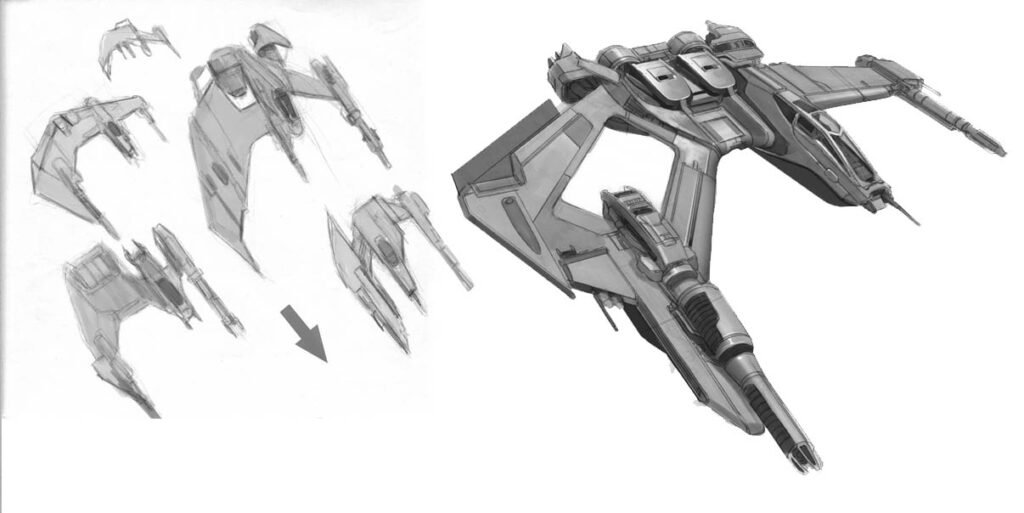Esquisses et maquette 3D grise d’un vaisseau, de plusieurs angles