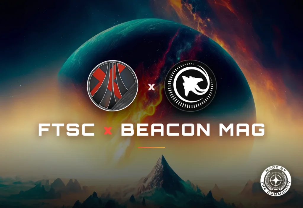 Le logo de la FTSC et l’emblème de Beacon Mag réunis devant une planète en feu, avec le badge Made by the community