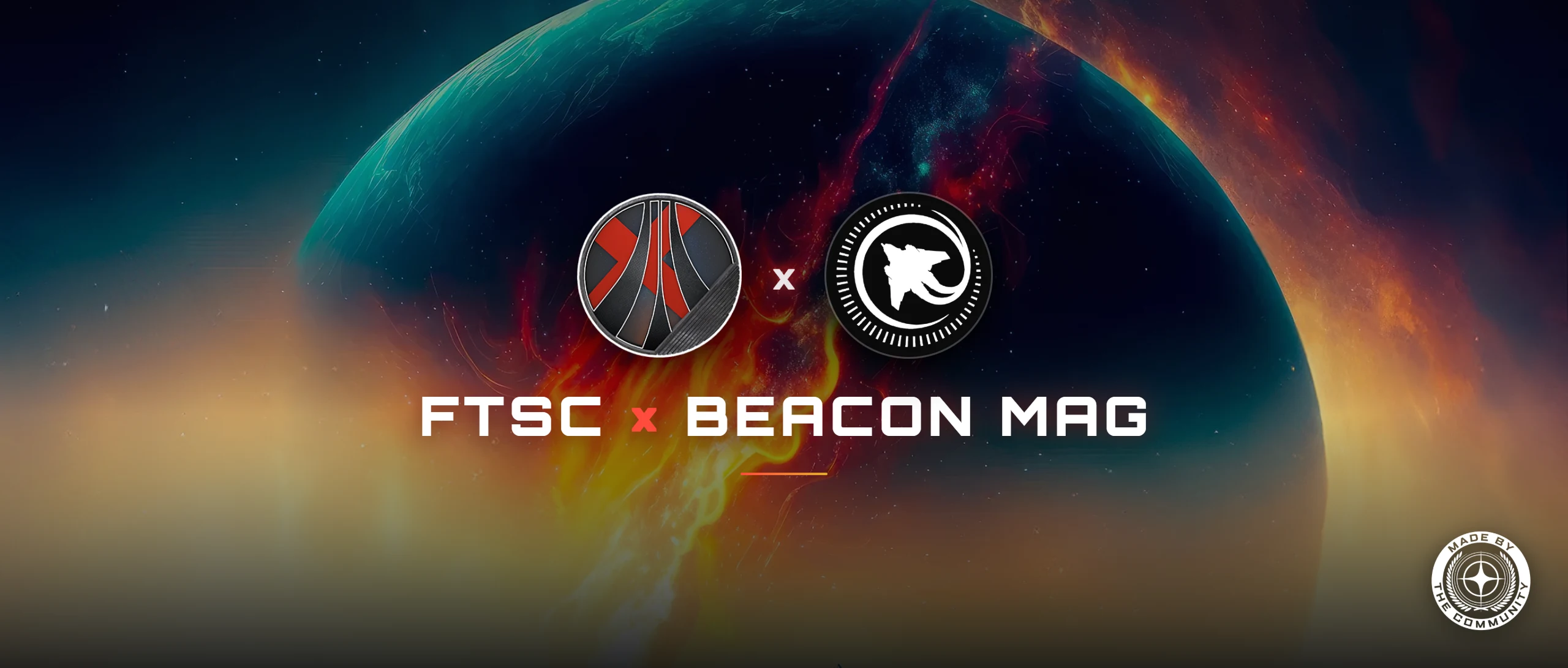 Le logo de la FTSC et l’emblème de Beacon Mag réunis devant une planète en feu