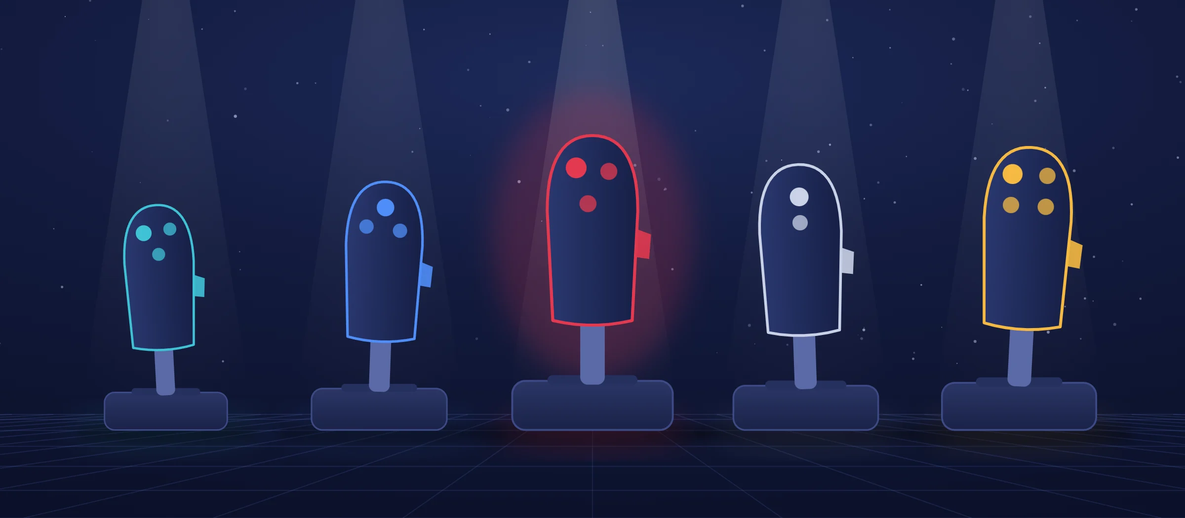 Illustration de cinq joysticks alignés sous des projecteurs