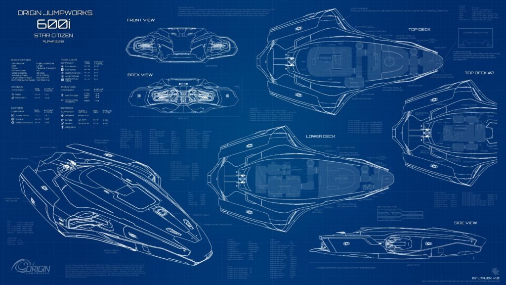 Plan technique bleu de l’Origin 600i, avec ses vues de face, de profil et de dessus