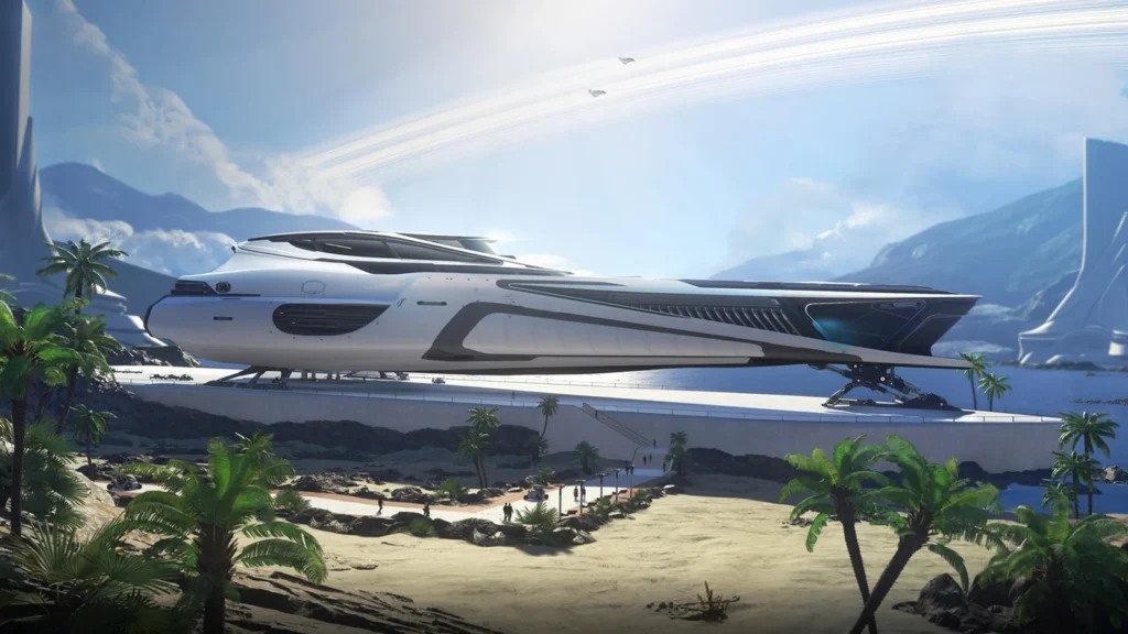 Un élégant vaisseau Origin blanc posé sur une côte tropicale